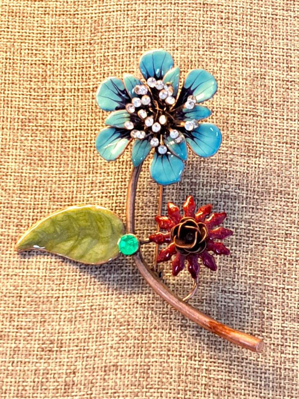 PRETTY BLUE & RED FLOWER BROOCH PIN MADE OF METAL 4" LONG